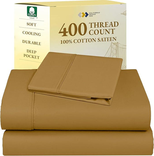 California Design Den Twin XL Sheet Sets - 400 Thread Count Sateen, 100% Cotton Sheets, Deep Pockets, Cooling and Durable Bedding for Dorm Rooms & Adults - Golden Mustard