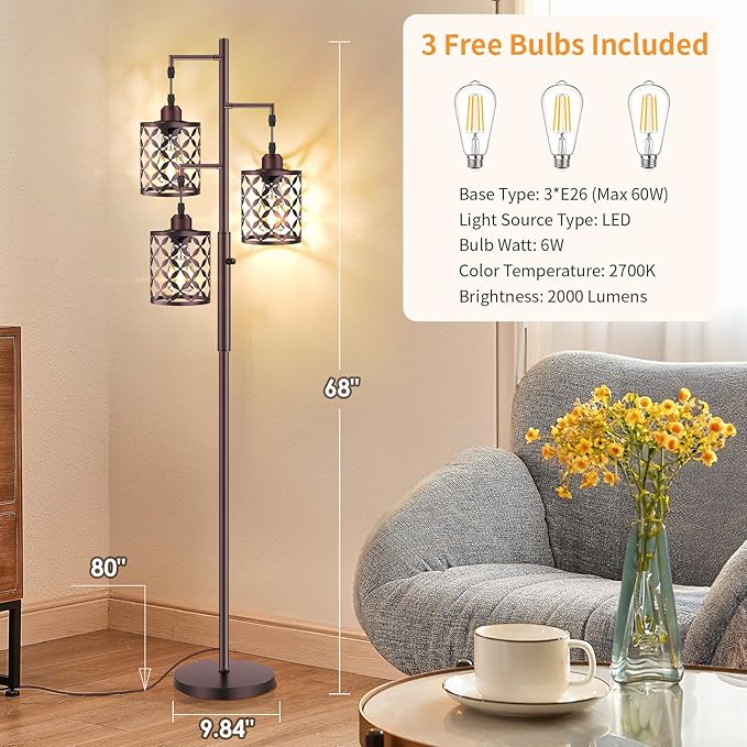 68" Dimmable Floor Lamp, Farmhouse Standing Lamp with Elegant Metal Cage, Industrial Tall Tree Floor Lamps for Living Room, Bedroom, Study Room, Office (2000LM LED Bulbs Included) - Brown