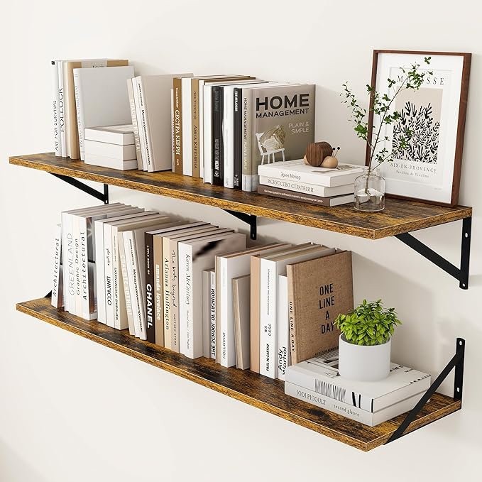Heimlove Deep Floating Shelves for Wall, 48W x 12D Wood Wall Shelves Set of 2, Wide Floating Bookshelf for Living Room, Kitchen, Office, Bedroom and Decor Storage, with Metal Bracket - Rustic Brown