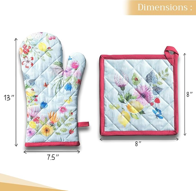 Maison d' Hermine 100% Cotton Oven Mitt & Pot Holder Set (7.5"x13" & 8"x8") Heat Resistant BBQ Cooking Gloves with Loop, Baking, Grilling, Kitchen, Handling Hot Pan Spring/Summer (Jardin D'Ete - Mint)