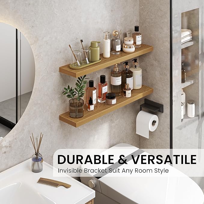 Heimlove 24 Inch Floating Shelves for Wall,Mounted Storage Wood Shelves with Invisible Brackets Hanging Shelf for Bedroom,Living Room,Kitchen,Office,Set of 2,Oak Color