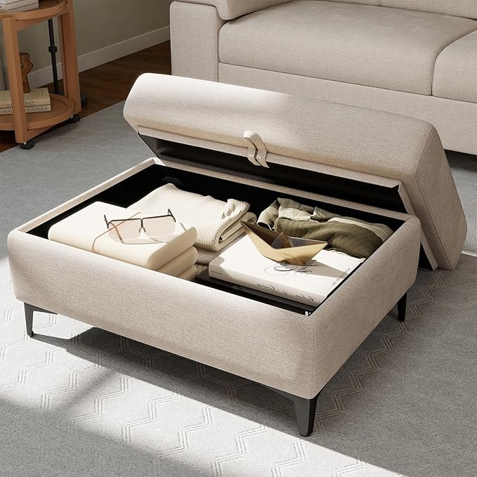 35" Large Storage Ottoman for Living Room, 7.8" Deep Seat Rectangular Ottoman Foot Rest for Couch, Chenille Storage Footstool Load 350 lb （Beige）