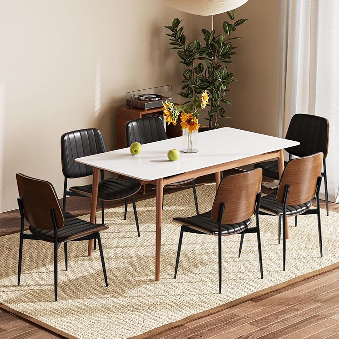 Modern Green Leather Dining Chair Set of 6, Bentwood Backrest & Black Metal Frame Ergonomic Comfort, Sustainable Style, Multi-Space Versatile, Black