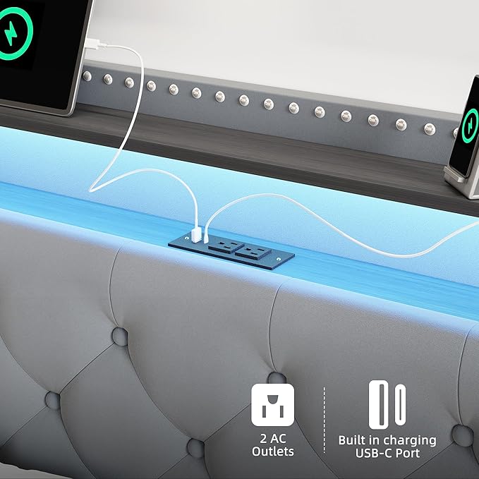 BRELTAM Bed Frame Queen Size with 4 Storage Drawers Upholstered Velvet Bed Frame with LED and Charging Station,Platform Bed Frame with Headboard Heavy Duty Wood Slats,Noise Free,Bluish Grey