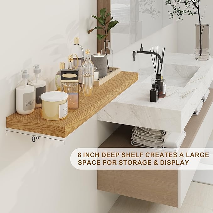 30 Inch Floating Shelves, Rustic Floating Wall Shelves 8 Inch Deep, 30 x 8 Floating Shelves for Home Decor, Deep Display & Storage Shelves for Kitchen, Bathroom, Living Room, Oak Color, Set of 2