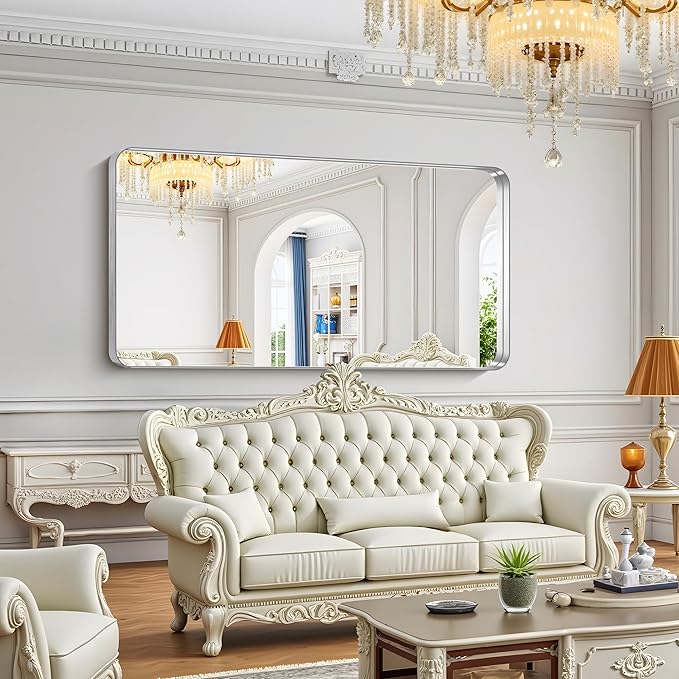 FORBATH 72x36 Inch Oversized Bathroom Mirror for Double Sinks, Brushed Silver Deep Frame Full Length Wall Mirror with Rounded Corners, Anti-Rust Tempered Glass (Horizontal/Vertical)