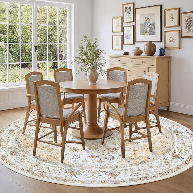 AMADA HOMEFURNISHING 6ft Round Area Rug, Low-Profile Washable 6x6 Rugs with Non-Slip Backing & Durable Edge Binding, Vintage Rug for Kitchen, Bedroom & Hallway, Beige