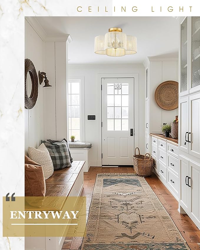 Rattan Light Fixtures Ceiling Mount, 4-Light 14" Boho Semi Flush Mount Ceiling Light with White Hand-Woven Shade in Quatrefoil Shape for Kitchen Nursery Bedroom, Gold, AD-22007-4SF-RA-WH