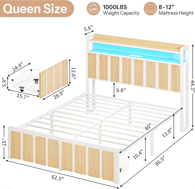 Queen Bed Frame with Storage Headboard & Dual Built-in Storage Drawers, Heavy Duty Platform Bed with 4-Device Charging Station and LED Lights, Noise-Free Design, No Box Spring Needed, White