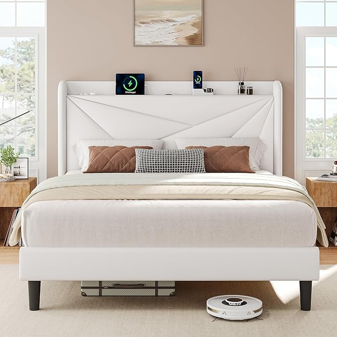 iPormis Full Size Bed Frame with Charging Station, Velvet Platform Bed Frame with Wingback Upholstered Headboard, Solid Wood Slats Support, No Box Spring Needed, Easy Assembly, White