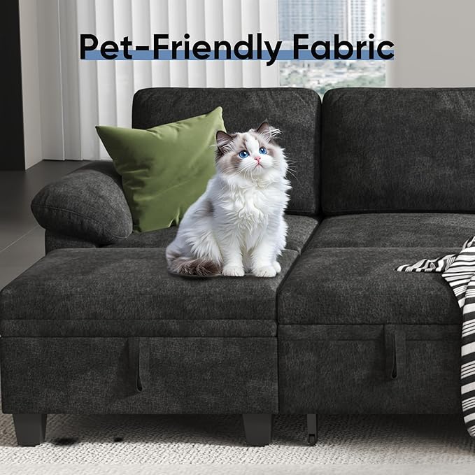 100" Modular Sectional Sleeper Sofa with Pull Out Bed,U Shaped 7 Seat Sectional Sofa with Storage,Modular Couch for Living Room,Deep Seat Couch with Removable Sofa Cover,Black