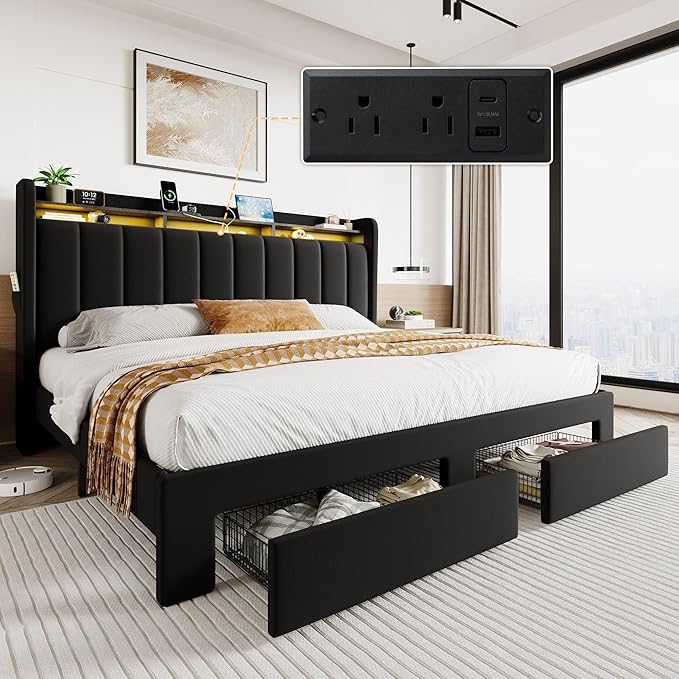 SHA CERLIN Velvet King Size Bed Frame with Vertical Channel Tufted Wingback Headboard & 2 Storage Drawers/2-Tier Shelves with LED Lights & Charging Station/Noise-Free/No Box Spring Needed/Black