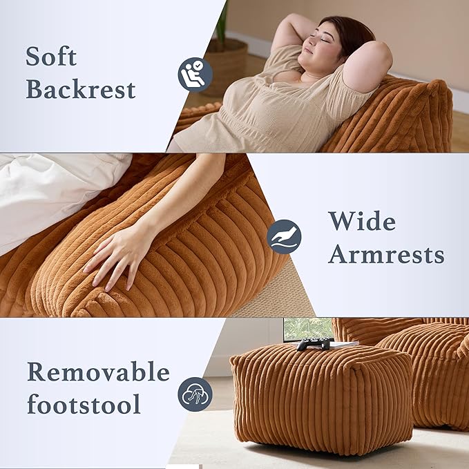 Oversized Bean Bag Chaise Lounge Chair Indoor for Adults with Armrests & Ottoman - Giant Comfy Orange Beanbag Floor Sofa Cloud Accent Chair for Reading, Gaming, Cozy Plush Cloud Mini Couch