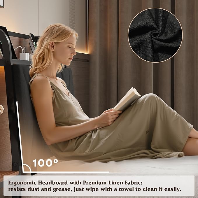 WLIVE Twin Size Upholstered Bed Frame with 2 Side Shelves, Linen Tufted Storage Headboard with Charging Ports and LED Light, Metal Solid and Stable, No Box Spring Needed, Easy Assembly, Brown