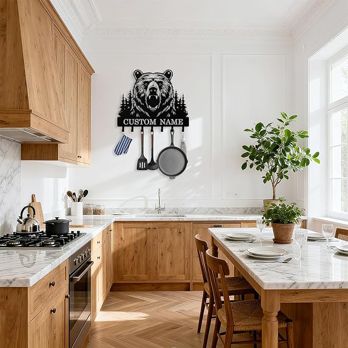 Personalized Bear Key Holder Wall Mount, Custom Metal Keys Hanger for Wall with Name, Custom Key Rack Holder with Hooks for Home, Entryway, Front Door, Living Room, Kitchen, Bathroom