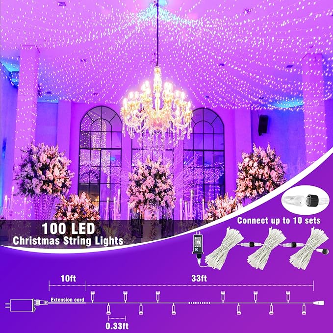 100 LED String Lights Indoor Outdoor Waterproof 33ft Purple Christmas Lights Clear Wire with 8 Modes Plug in Twinkle Fairy Light for Tree Party Christmas Decorations
