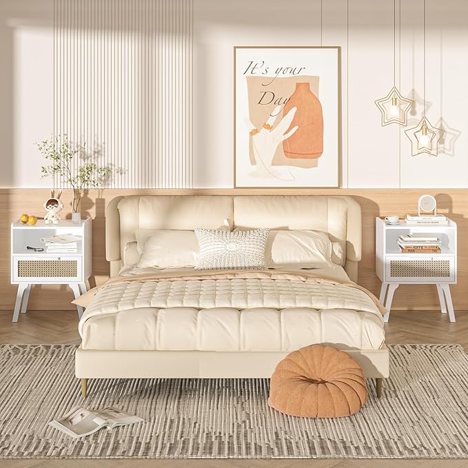 Lerliuo Rattan Nightstand, Bedside Table with Drawer Open Shelf, Cane Accent Side End Table with Solid Wood Legs, White Mid Century Night Stand for Bedroom, Dorm and Small Spaces