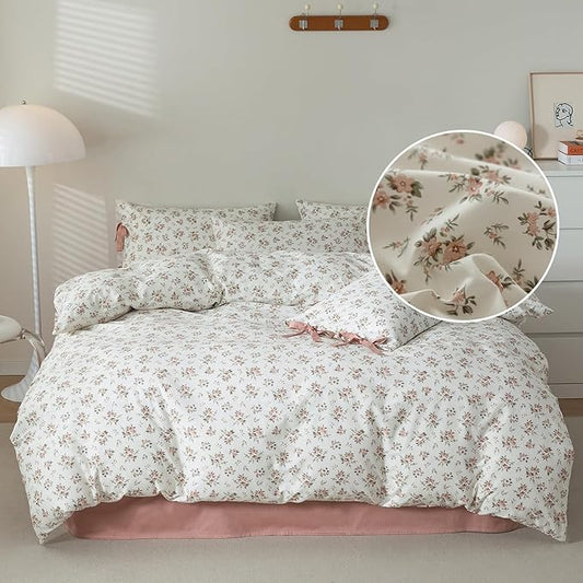Pink Floral Duvet Cover King Chic Peach Flower Bedding Set King Girls Boho Flower Duvet Cover Vintage Blush Pink Comforter Cover 100% Cotton Botanical Cottagecore Bedding Cover with Zipper Closure