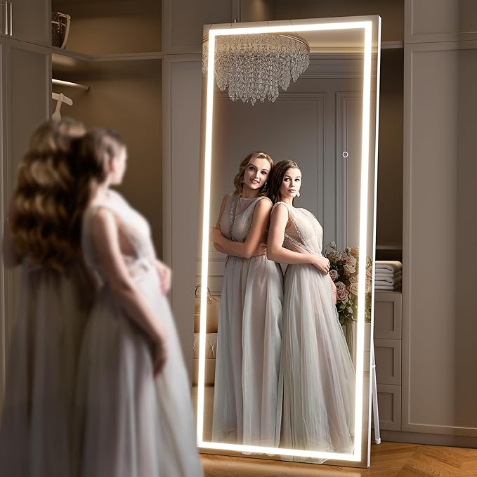 Full Length Mirror with Lights, 71" x 32" LED Lighted Floor Standing Mirror, Tempered Glass, Square White