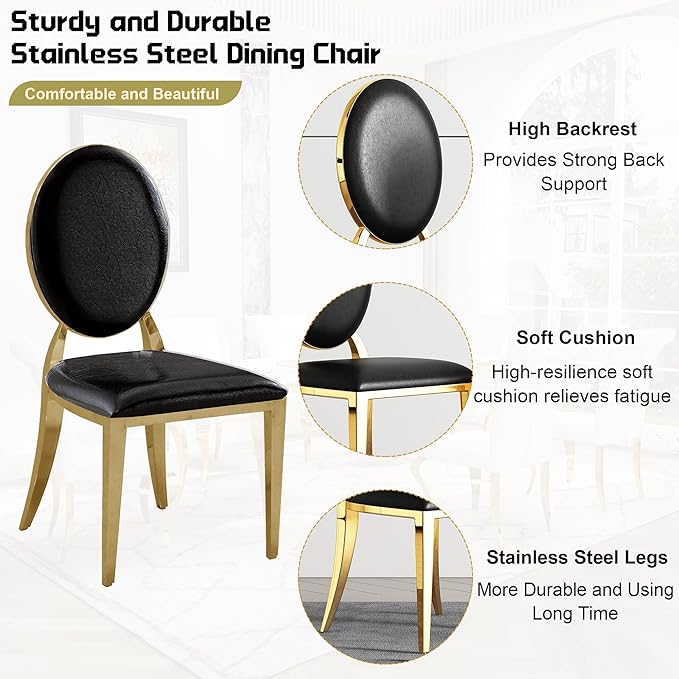 7-Piece Dining Table Set for 6, Faux Marble Modern Dining Table Set with 6 Round Backrest Upholstered Chairs, 70“ Stainless Steel Legs Table & Chair Set for Kitchen, Black & Gold