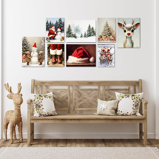AbcCustomize Vintage Red Santa Hat Christmas Wall Art - Festive Christmas Canvas Prints with Wood Frame, Cozy Winter Decor for Livingroom Bedroom, Unique Christmas Gifts & Winter Home Decor