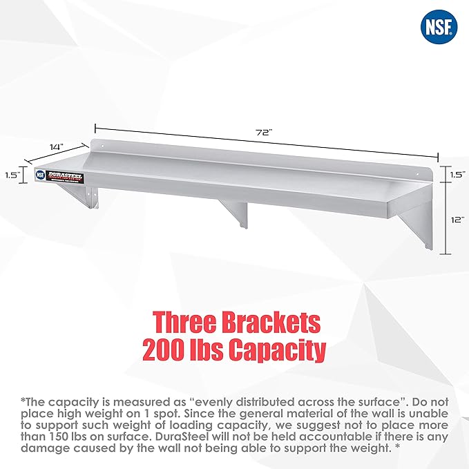 DuraSteel Stainless Steel Shelf - 72 Inch Wide x 14 Deep Commercial NSF Mounted Metal Wall Shelf Pantry Organizer Garage Storage Shelves - Rack Shelving Restaurant Kitchen Units Laundry Utility Room