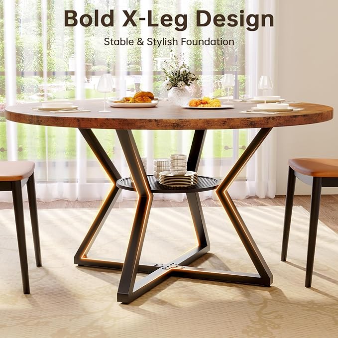 Concho 55" Round Table for 4-6, Circle Dining Dinner Table with Pedestal Metal Frame, Space Saving Wood Kitchen & Dining Room Furniture, Rustic Brown