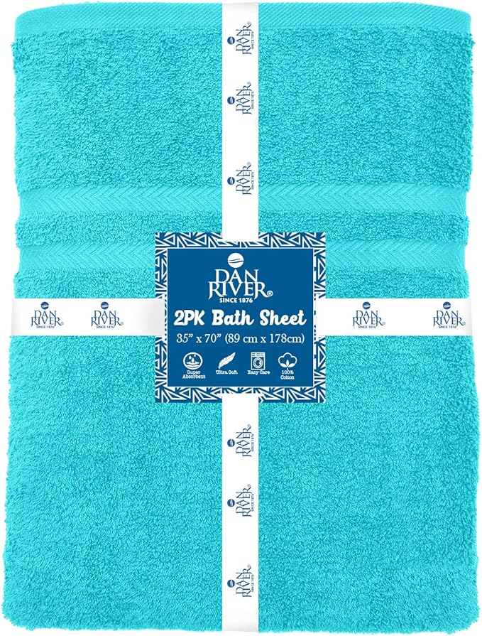 DAN RIVER 2 Pack Luxury Bath Sheets 35x70, 600 GSM, Soft & Quick Dry 100% Ring Spun Cotton Towels Ideal for Hotels, Spas, Gyms & Salons Extra Large, Turquoise