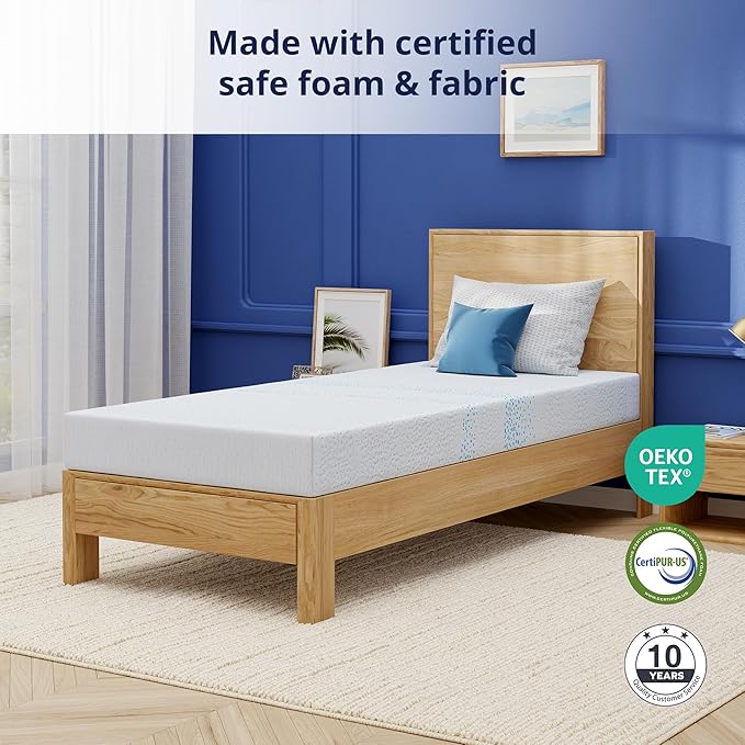 EGOHOME 6 Inch Twin Mattress for Kids, Gel Memory Foam with Charcoal, Fiberglass Free, CertiPUR-US Certified, Temperature-Regulating, Washable Cover, Medium Firm, Bed in a Box, 75"x38"x6"