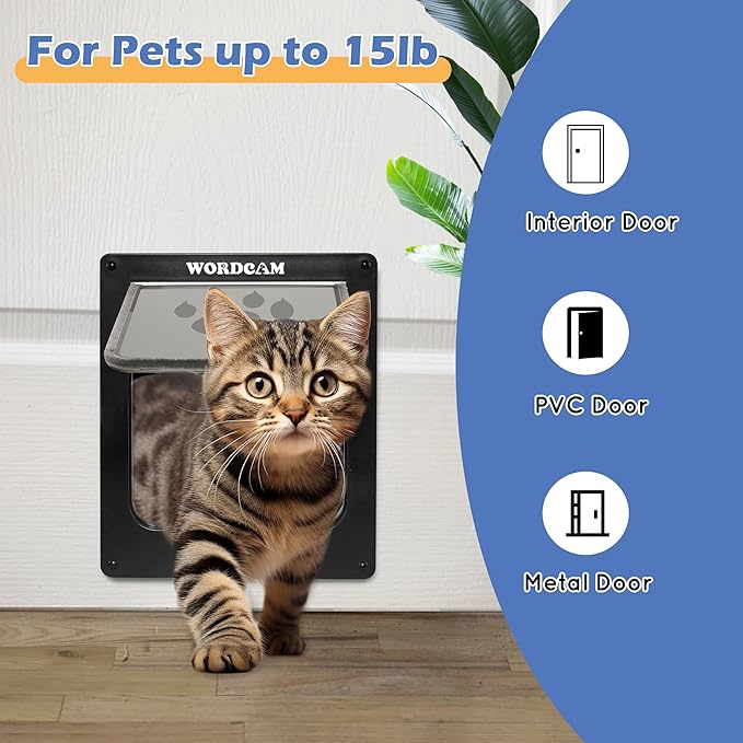 Wordcam Medium Cat Door Flap, 4 Way Locking Cat Door for Interior Exterior Doors, Pet Door for Cats Kitty Kittens Doggies, Robust, Weather-Resistant (Black, M)