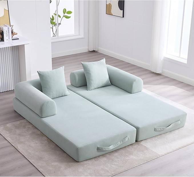 Convertible Sleeper Sofa Bed, Folding Floor Sofa Bed with Fixed-Shape Frame, Corduroy Floor Sleeper Sofa with Storage Pocket, Futon Boneless Sofa Couch for Living Room, Mint Blue