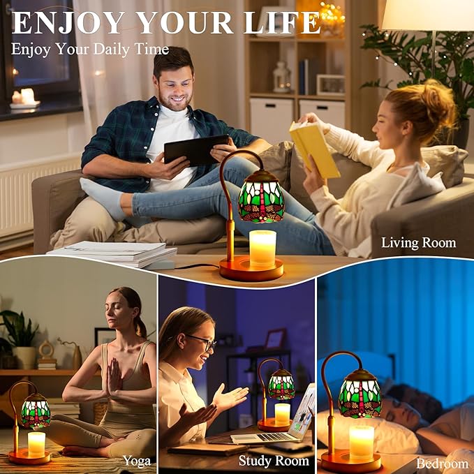 Tiffany Style Candle Warmer Lamp with Timer, Dimmable Dragonfly Stained Glass Candle Lamp Warmer, Vintage Candle Light for Scented Candles with 2 Bulbs for Home Deco Birthday Gifts for Mom Women