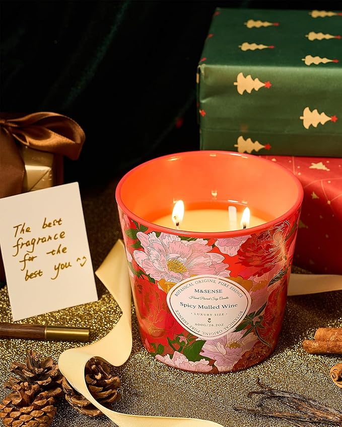 M&SENSE Spicy Mulled Wine Scented Candle, 28.2oz 3 Wick Natural Soy Wax Large Candles, Long Lasting Clean Slow Burning No Toxic Décor for Home Relaxation, Romantic Dates & Gift-Giving
