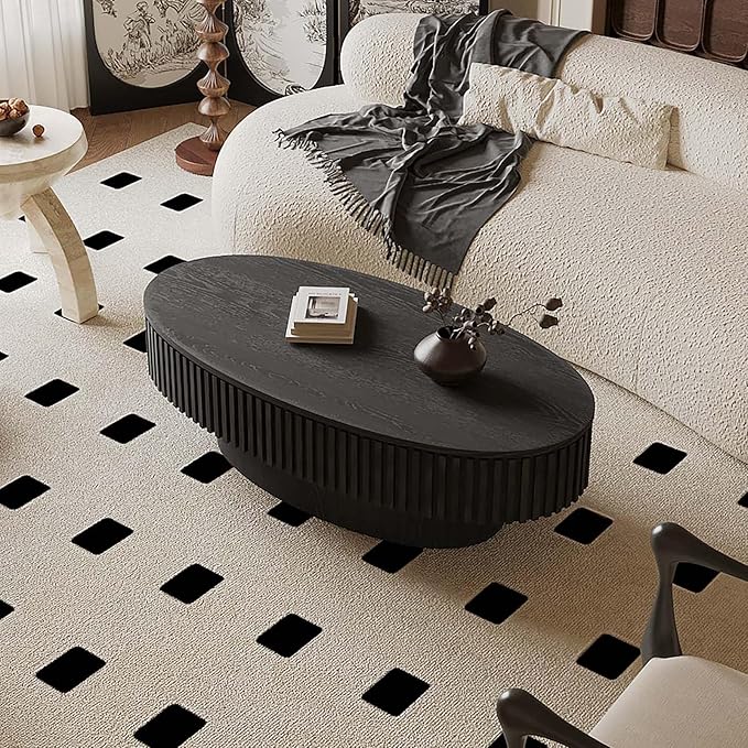 47.2" Oval Coffee Table with Storage, Fluted Coffee Table with Solid Wood Veneered, Mid Century Modern Wooden Center Table, Accent Tea Table for Living Room Apartment, Black