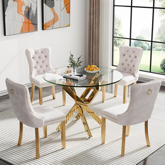 Goujxcy Small Round Dining Table Set for 4, Modern Glass Kitchen Table Chairs Set of 4, 5-Piece Dining Table Set w/36 Circle Gold Glass Dining Room Table and 4 Beige Upholstered Dining Chairs