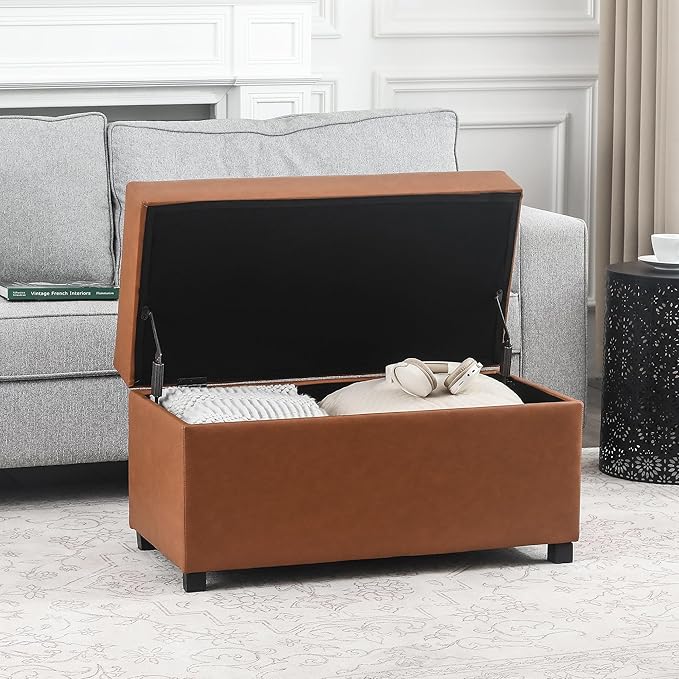 Joveco 32" Leather Storage Ottoman Bench, Rectangle Foot Rest Stool for Living Room, Bedroom, Entryway, Cognac Brown