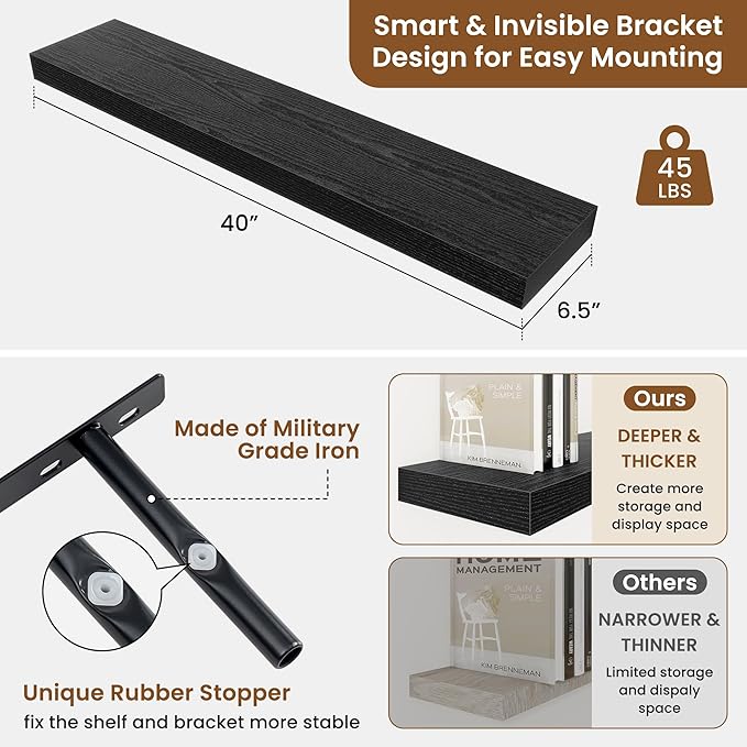 fuqing Floating Shelves for Wall, Wall Mounted Wood Floating Shelf with Invisible Brackets for Living Room, Bathroom, Bedroom, Kitchen Storage and Decor, 40 Inch Set of 2, Black