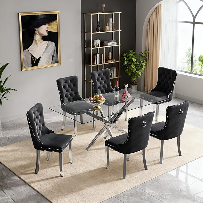 Goujxcy 51" Glass Dining Table Set for 6, Modern Kitchen Table and Chairs Set w/Steel Legs, 7-Piece Dining Table Set w/Glass Silver Dining Table and 6 Black Velvet Chairs for Kitchen Dining Room