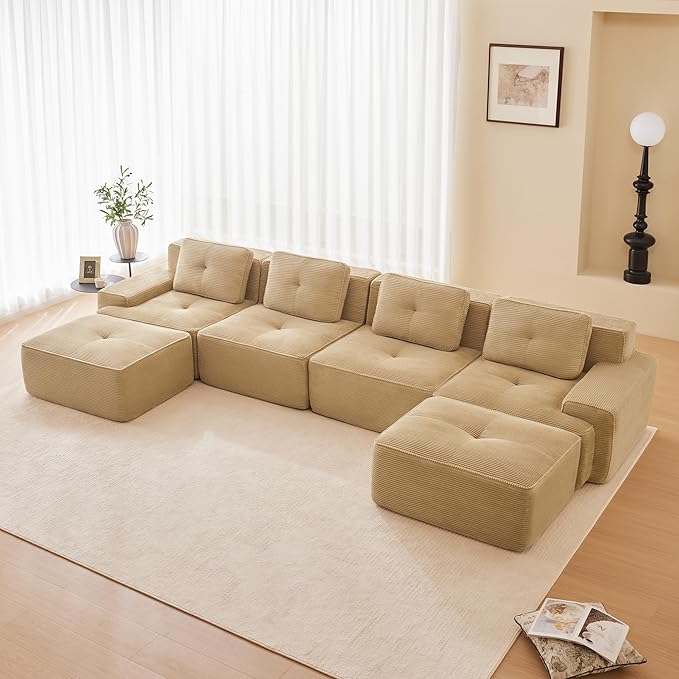 150.4'' Sectional Sofa, 32D Foam Corduroy Boneless Couch with Pillow, Deep Seat Wide Arm Sectional U Shaped Couch for Living Room, Apartment, Bedroom