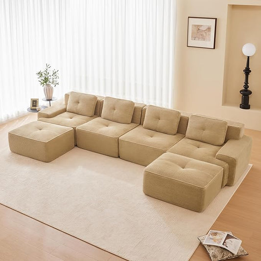 150.4'' Sectional Sofa, 32D Foam Corduroy Boneless Couch with Pillow, Deep Seat Wide Arm Sectional U Shaped Couch for Living Room, Apartment, Bedroom