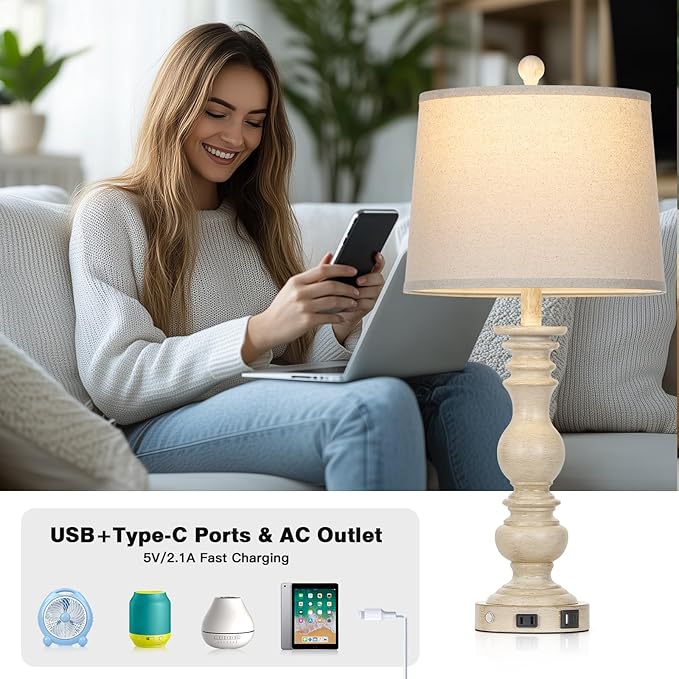 28" Farmhouse Table Lamps Set of 2 with USB C+A Ports & AC Outlet for Vintage Living Room Retro Bedroom,3-Way Dimmable Touch Lamp Resin Bedside Lamps for Nightstand Side End Table, Beige
