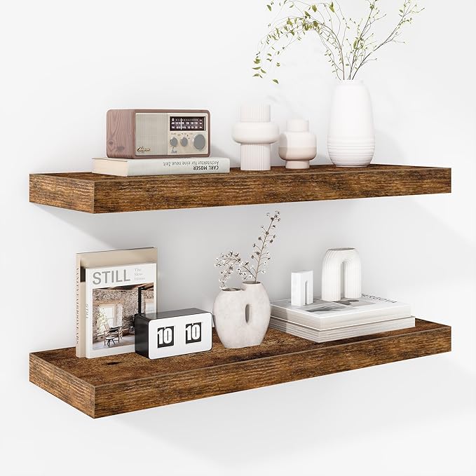 Fun Memories 24 Inch Floating Shelves - Deep Rustic Wooden Wall Shelves - Extra Deeper & Thicker Wall Mounted Storage Shelf for Bedroom, Kitchen, Farmhouse - 2 Pack, Rustic Brown