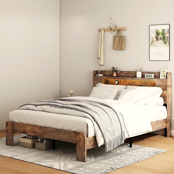 Full Size Wooden Bed Frame, Storage Headboard with Charging Station & Led Lights, Rustic Farmhouse Sturdy Framework Wood Bedframe, Easy Assembly (Brown Led)