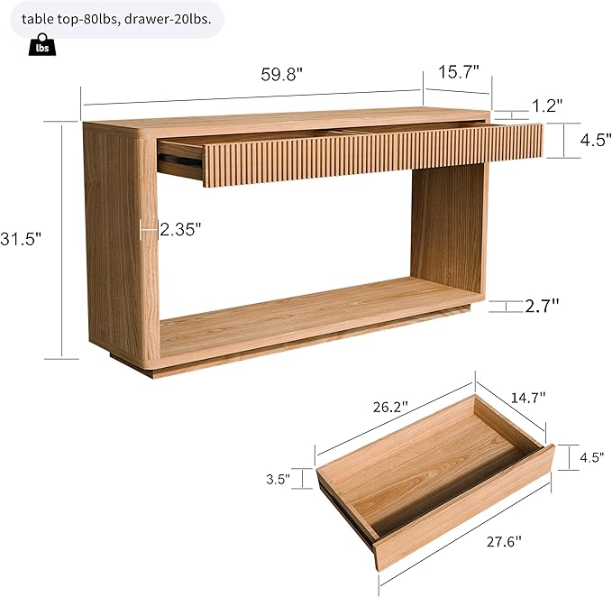 59.8”Rectangular Rustic Fluted Console Table with 2 Drawers,Solid Wood Entry Table Hallway Table, Modern Farmhouse Narrow Sofa Table for Foyer Living Room,Bedroom,Apartments-Natural Oak