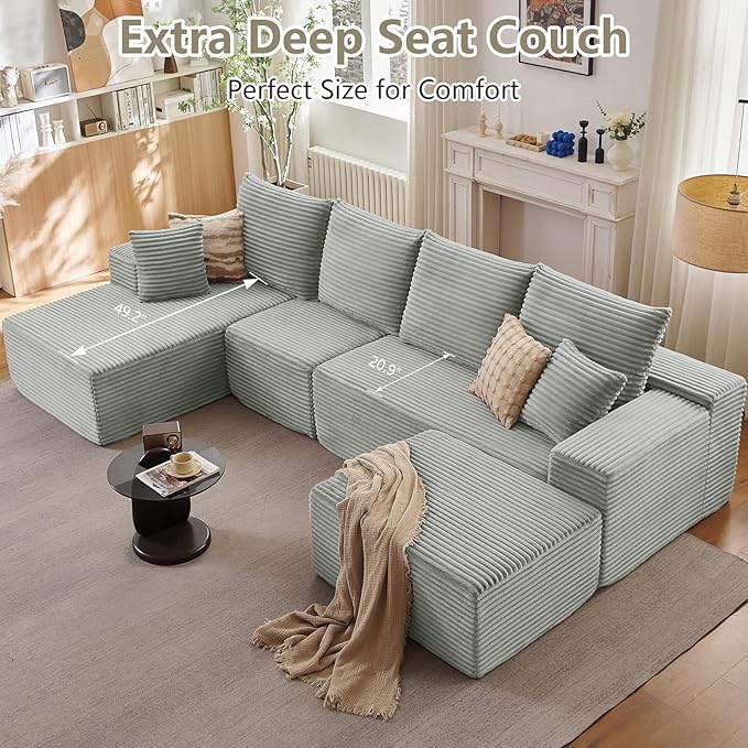 135" L-Shape Sofa with Ottoman, Modern Modular Sectional Comfy U-Shape Cloud Couch, Deep Seat, Upholstered Corduroy Sleeper Chaise Longue for Living Room Bedroom, No Assembly Required, Grey
