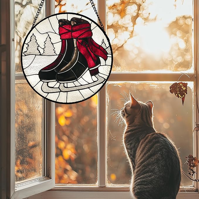 Stained Glass Window Hanging 4 Pcs Set Winter Skiing Red Christmas House 7.8" - Suncatcher Door Garden Sun Catcher Decor Birthday Mother's Day for Mom Woman Nana Friend