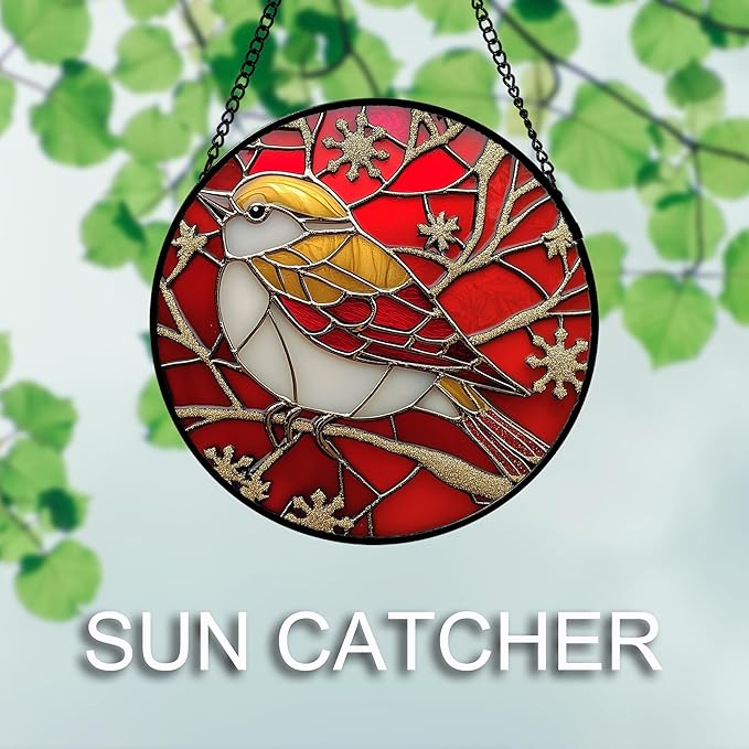 Stained Glass Window Hanging 4 Pcs Set Red Christmas Themed Decorations 6.3" - Suncatcher Door Garden Sun Catcher Decor Birthday New Year for Mom Woman Nana Men