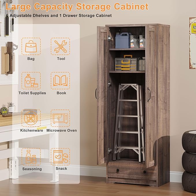 70" Tall Storage Cabinets, Large Wood Storage Pantry Cabinet with 6 Adjustable Shelves, 2 Striped Doors & Drawer, Standing Utility Cabinet for Kitchen, Bathroom, Dining Room, Antique (Brown)