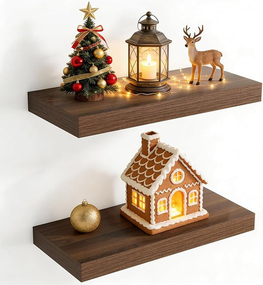20 Inch Floating Shelves for Wall, 8 Inch Deep Floating Shelf for Storage & Display, Rustic Wall Mounted Shelf with Invisible Brackets for Living Room, Kitchen, Bathroom, Home Decor, Set of 2, Walnut