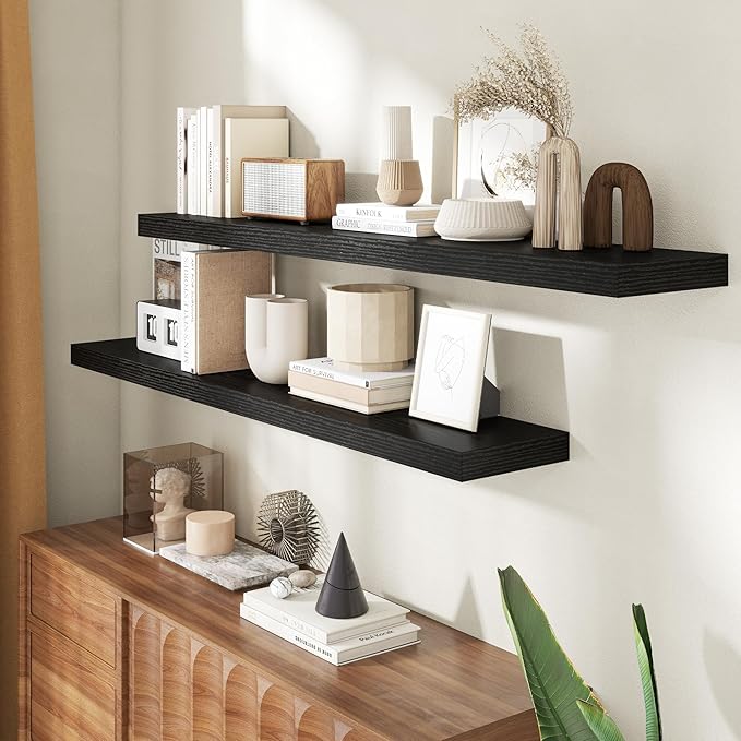 55 Inch Floating Shelves for Wall, 8 Inch Deep Floating Shelf for Storage & Display, Rustic Wall Mounted Shelf with Invisible Brackets for Living Room, Kitchen, Bathroom, Home Decor, Set of 2, Black